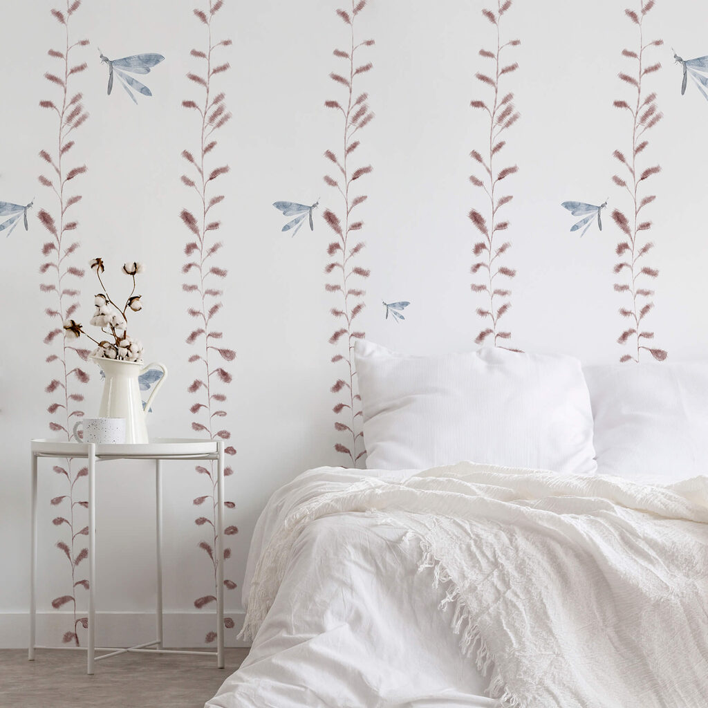 Tapeta s vážkami a listami