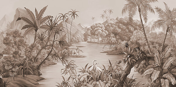A river with zebras and mountains
