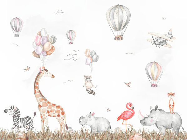 Wall mural of animals and hot air balloons