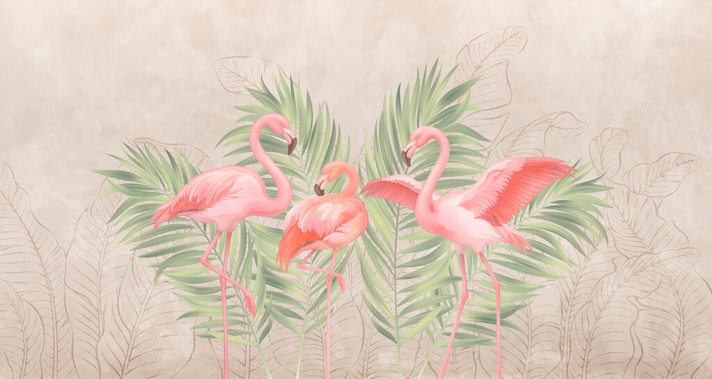 Group of pink flamingos with green leaves Group of pink flamingos with green leaves