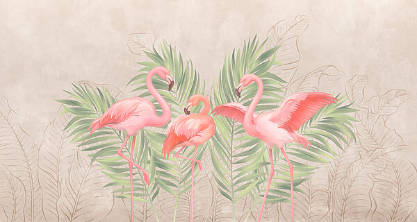 Group of pink flamingos with green leaves Group of pink flamingos with green leaves