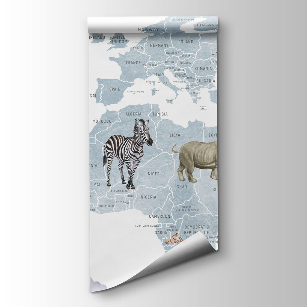 Map of the world with animals and birds
