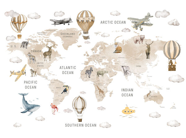 Map of the world with animals and air balloons
