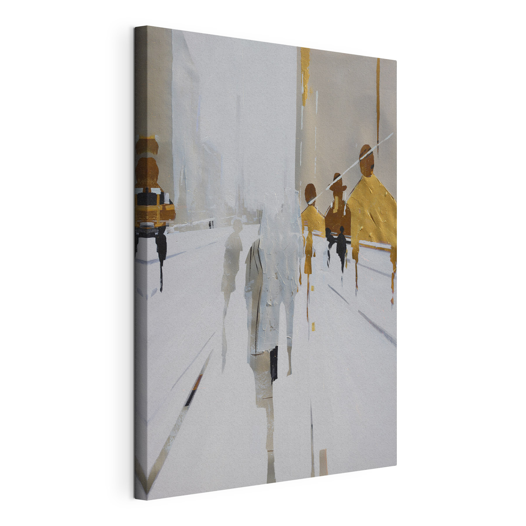 A painting of people walking on a snowy street A painting of people walking on a snowy street