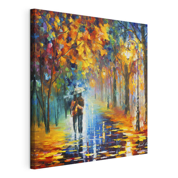 Obraz A painting of a couple walking in a park with trees and a lamp post (Katalógové číslo: s15186)