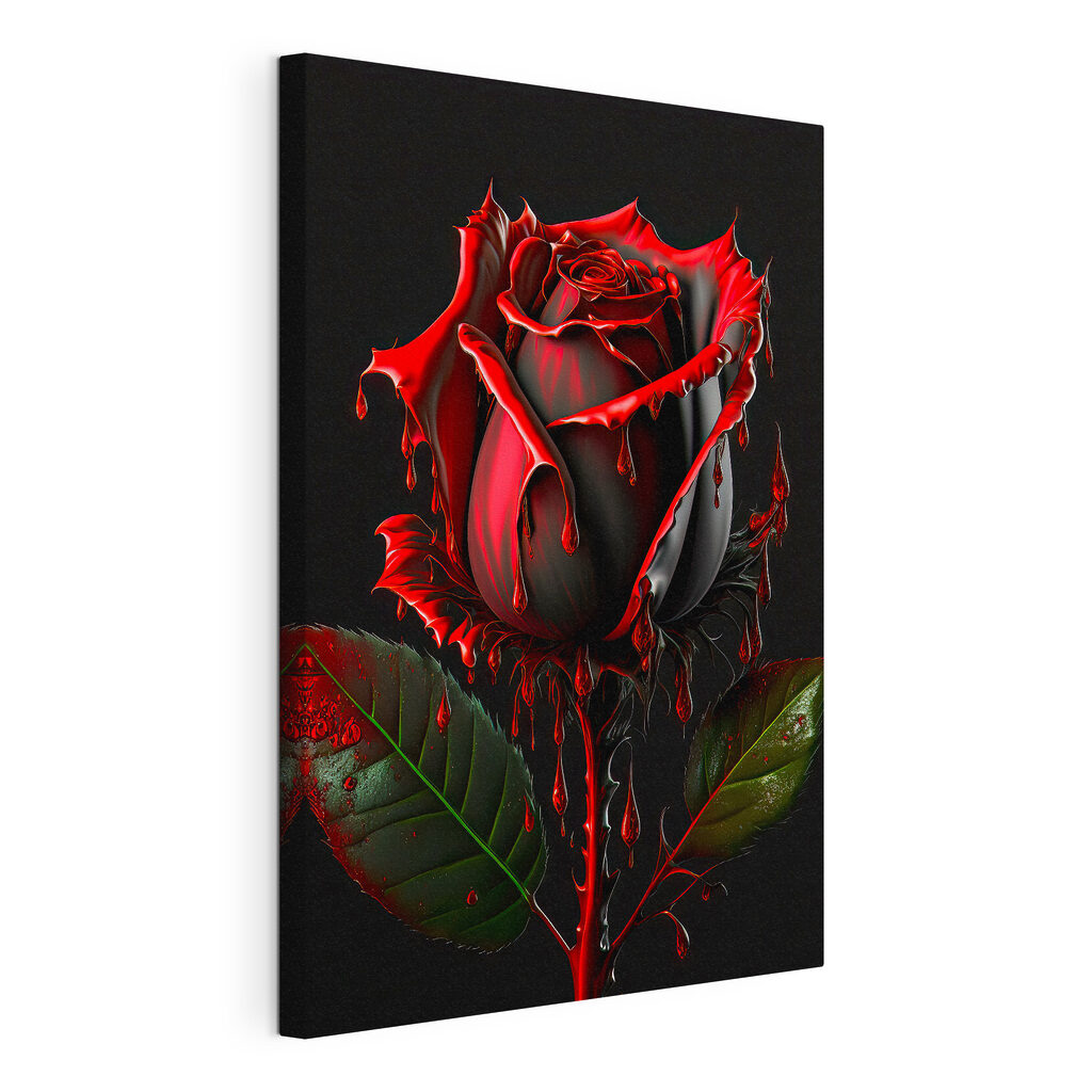 A red rose with green leaves and dripping red paint A red rose with green leaves and dripping red paint