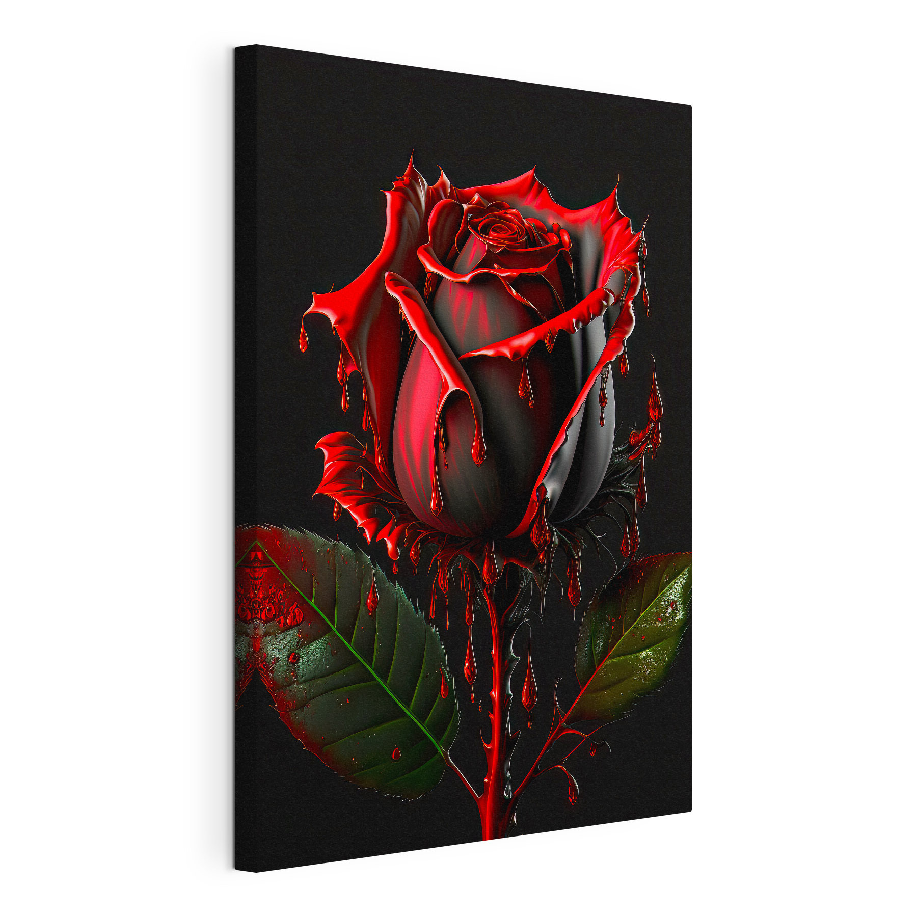 A red rose with green leaves and dripping red paint A red rose with green leaves and dripping red paint