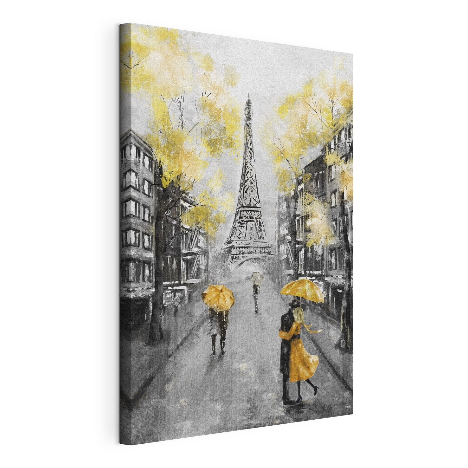 A painting of a street with people walking under an umbrella
