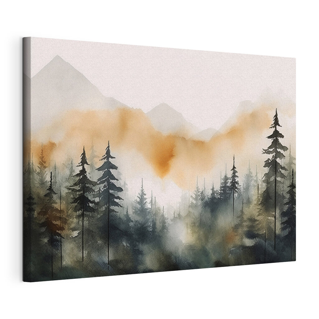 A watercolor of a forest with mountains in the background A watercolor of a forest with mountains in the background