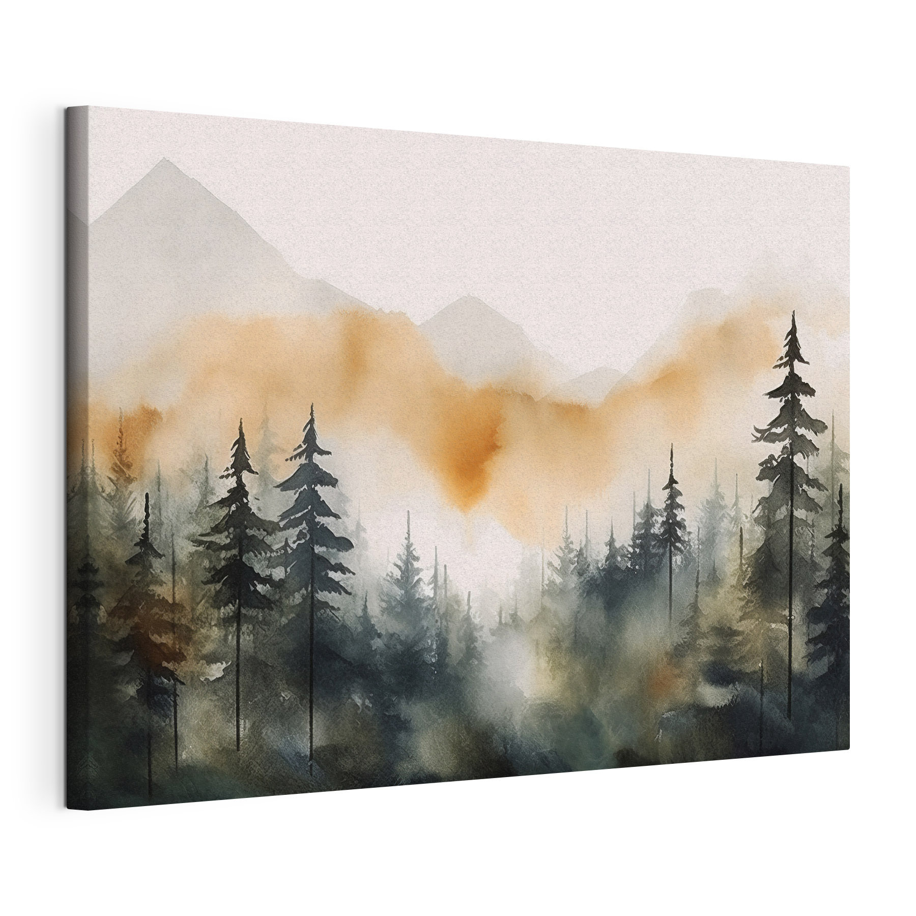 A watercolor of a forest with mountains in the background A watercolor of a forest with mountains in the background