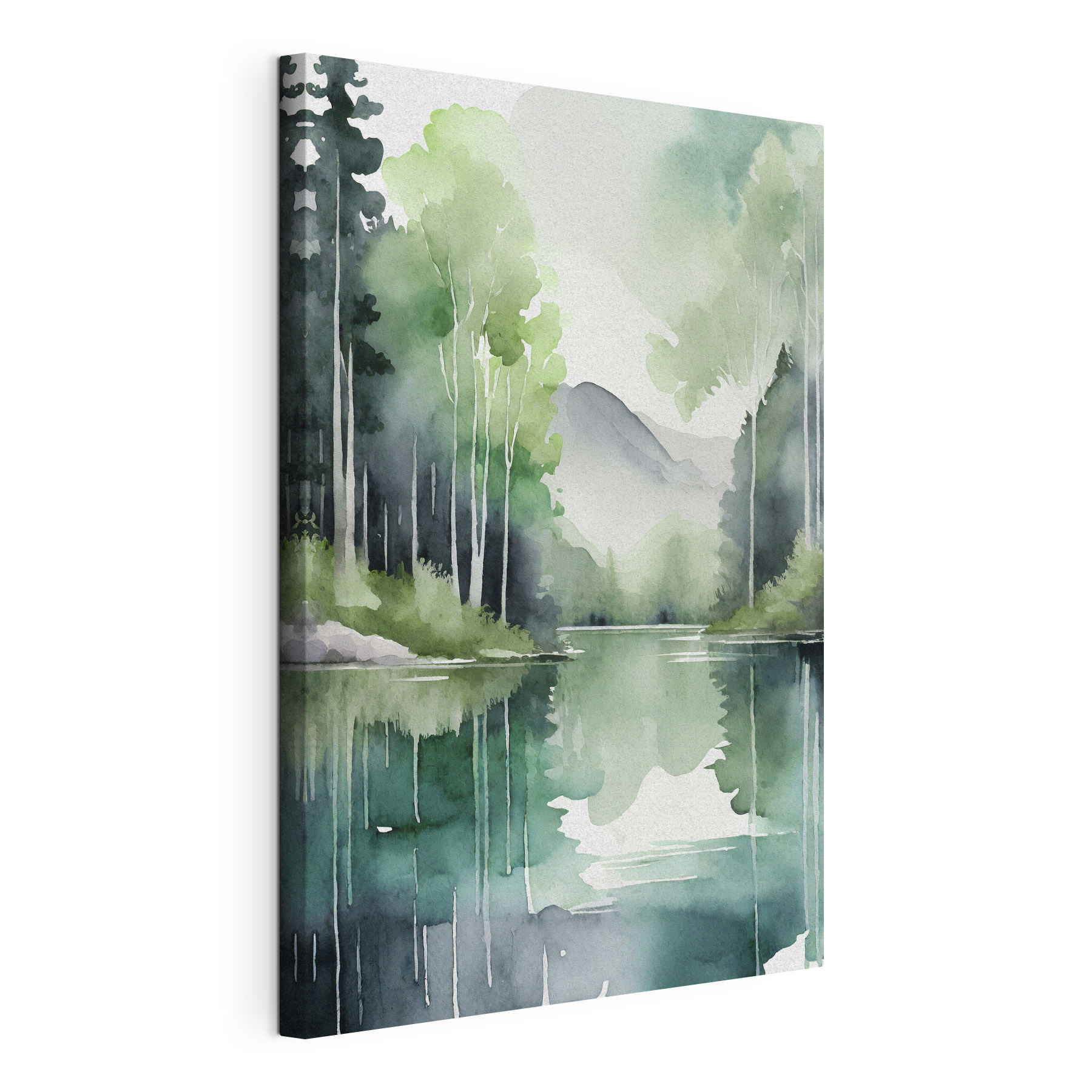 Watercolor painting of a lake surrounded by trees and mountains