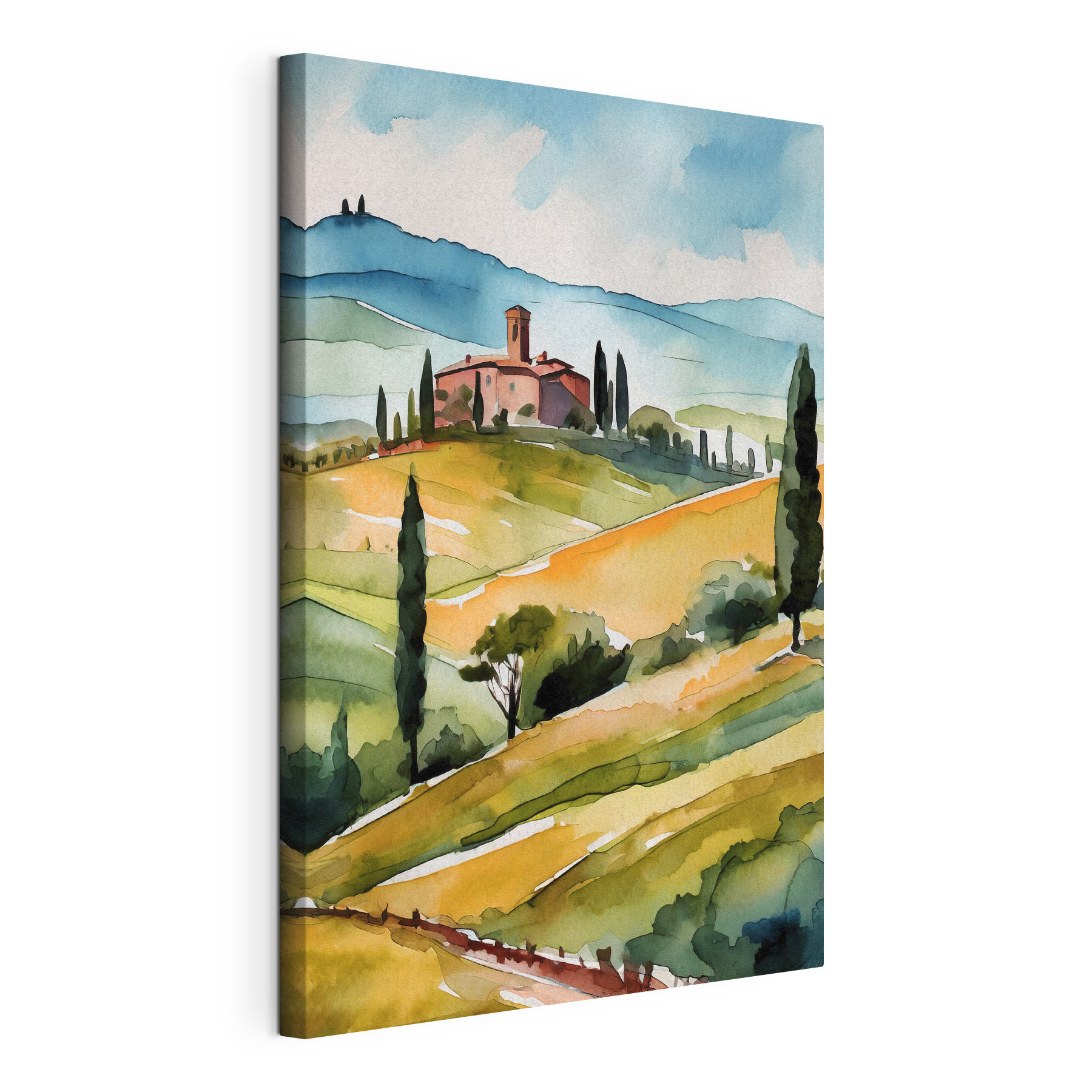 Watercolor of a house on a hill with trees and hills Watercolor of a house on a hill with trees and hills