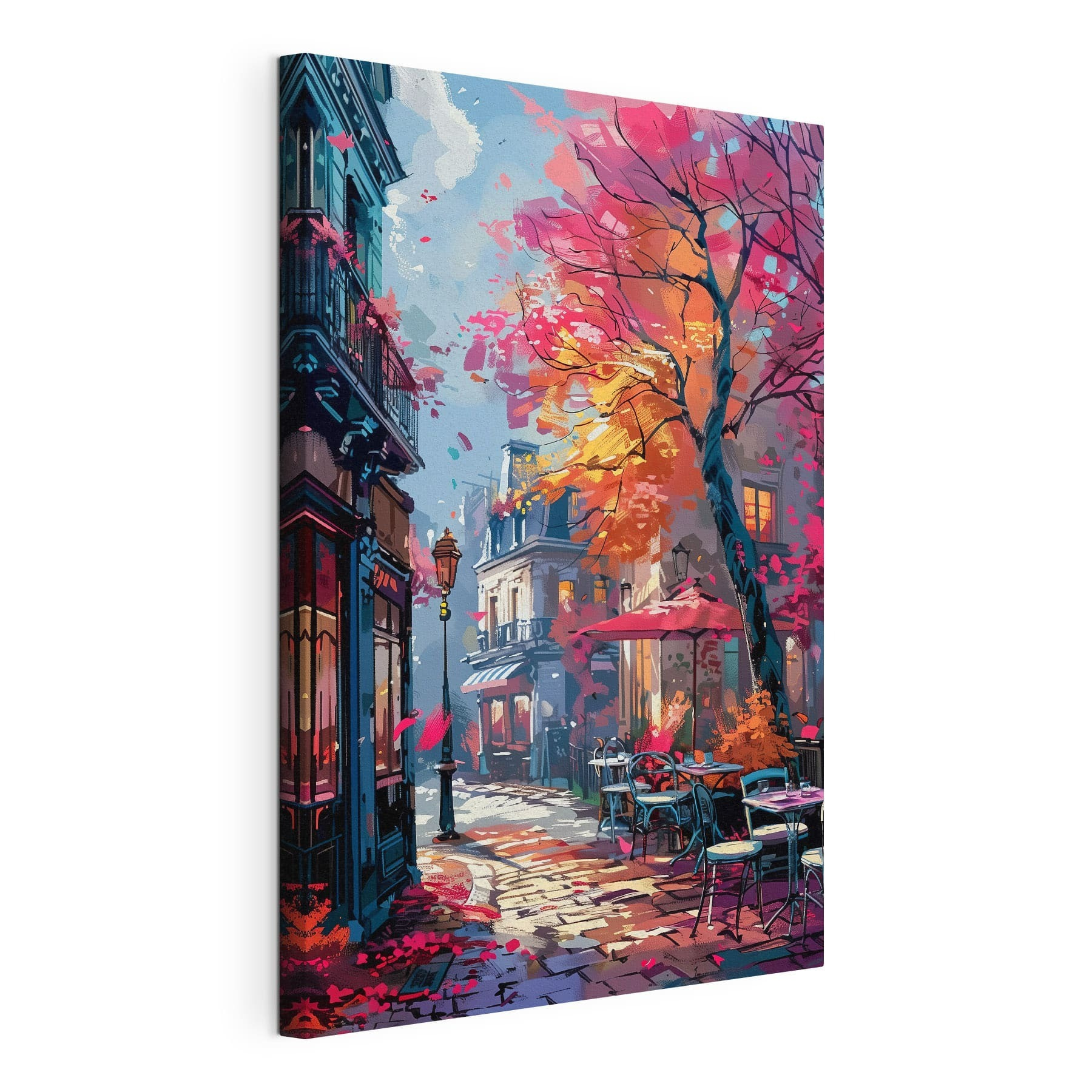 A street with tables and chairs and umbrellas A street with tables and chairs and umbrellas