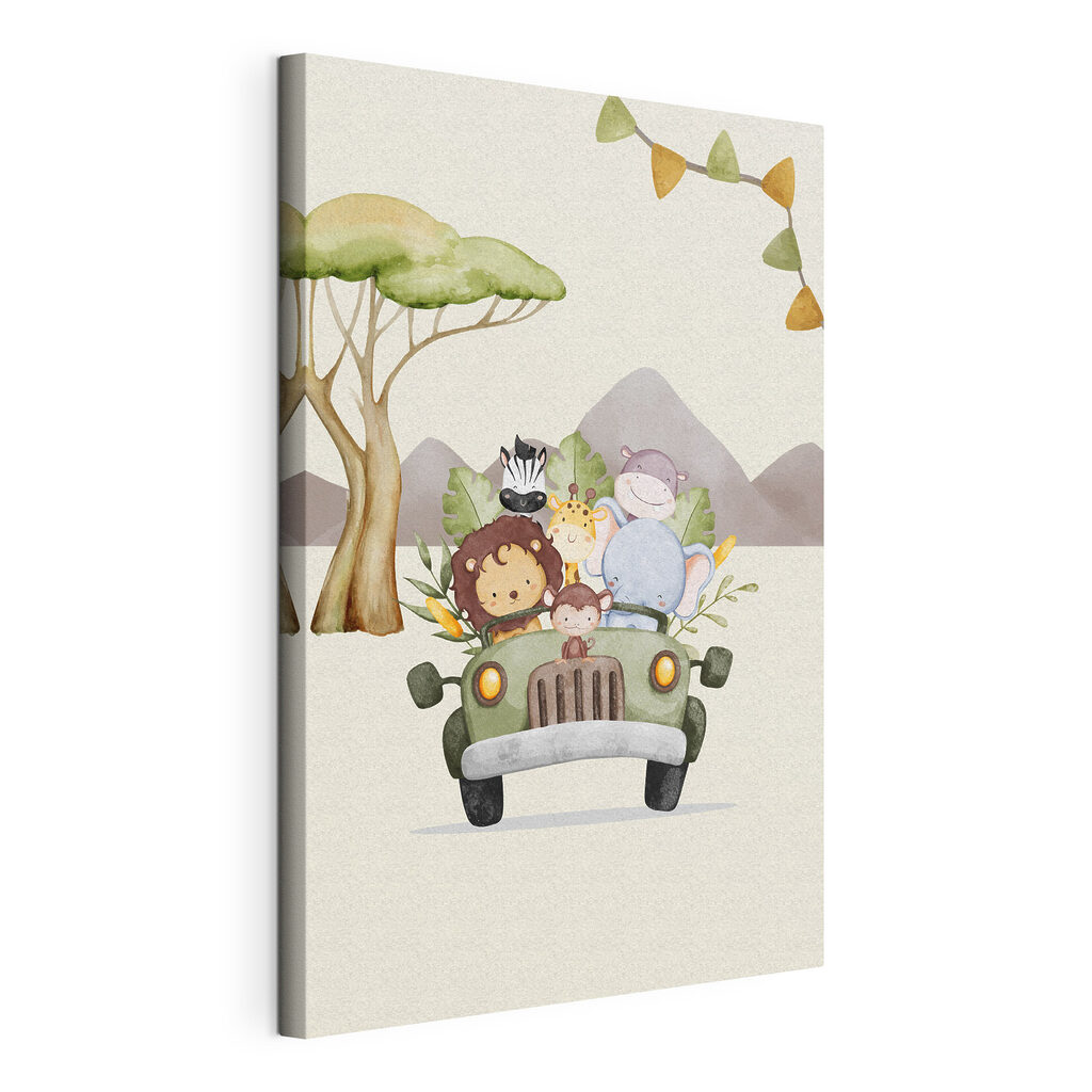 A cartoon of animals in a car