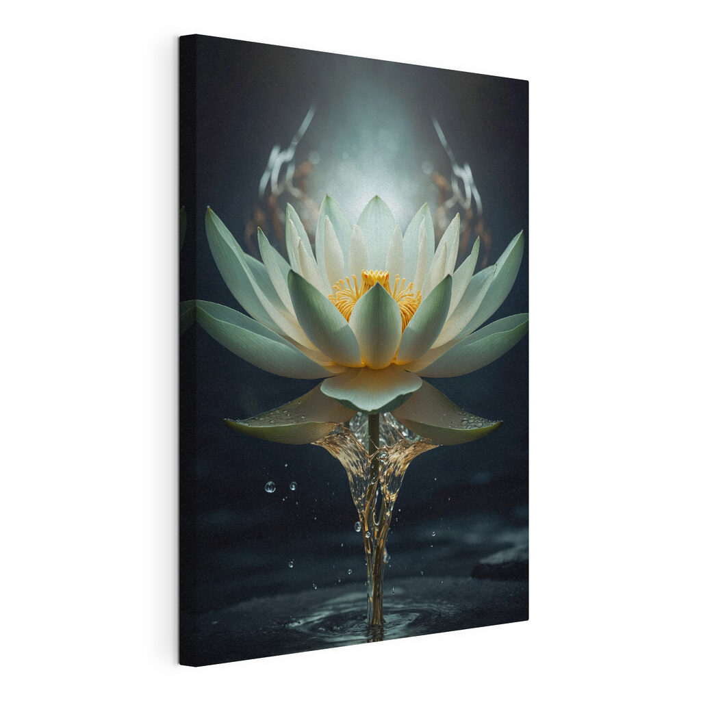 A white flower with yellow center and water splashing out A white flower with yellow center and water splashing out
