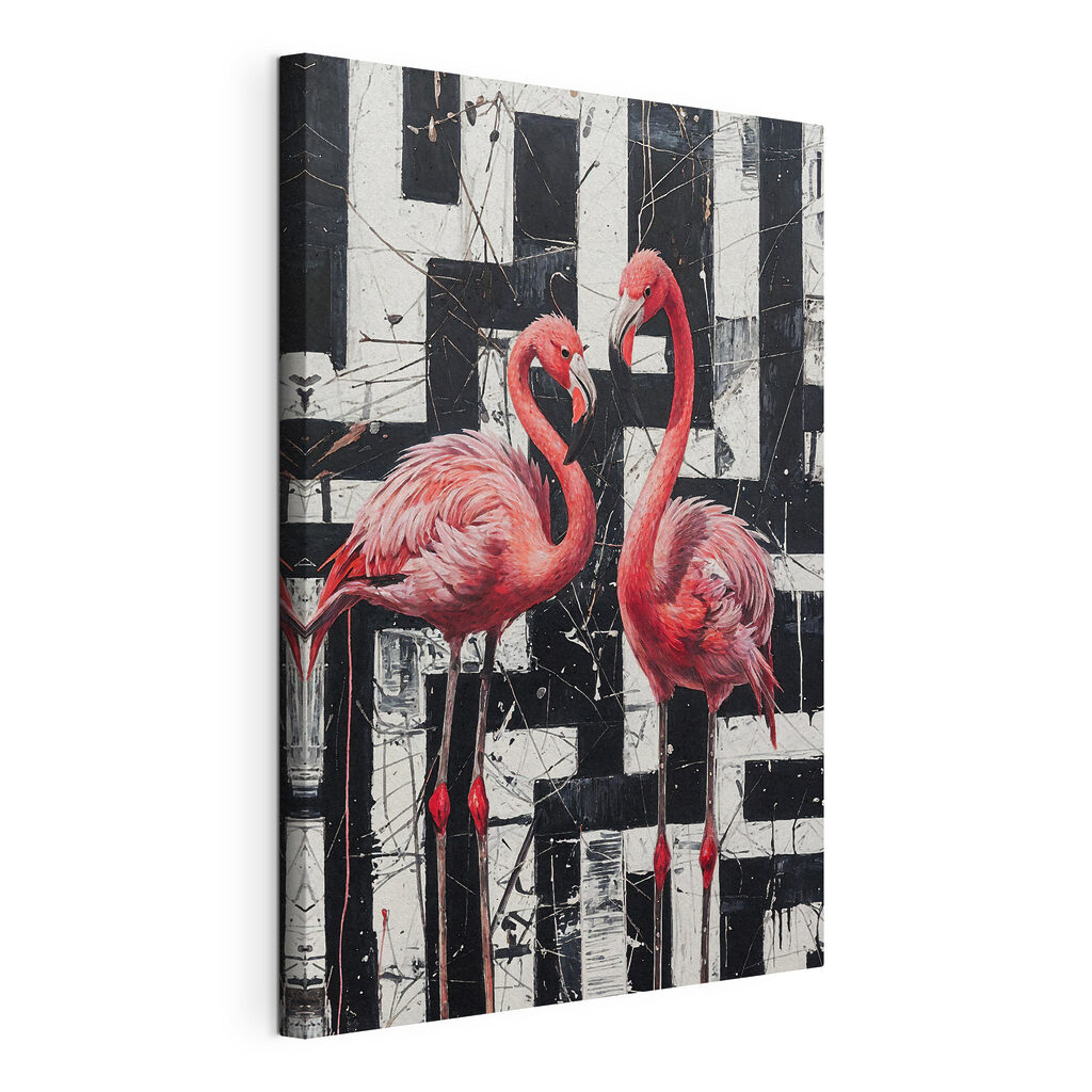 A painting of flamingos on a black and white background A painting of flamingos on a black and white background