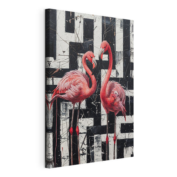 A painting of flamingos on a black and white background A painting of flamingos on a black and white background