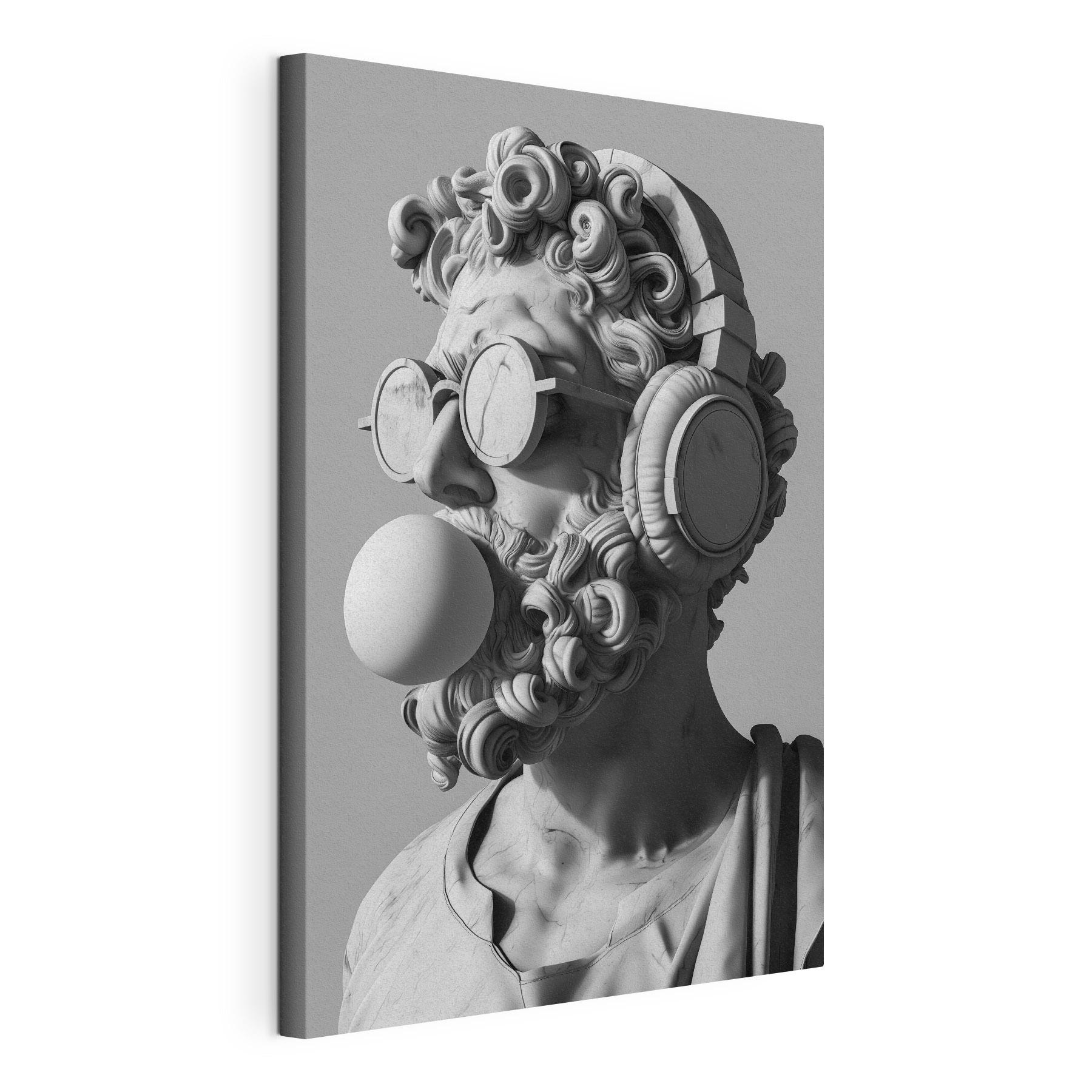 A statue of a man with headphones and a bubble gum
