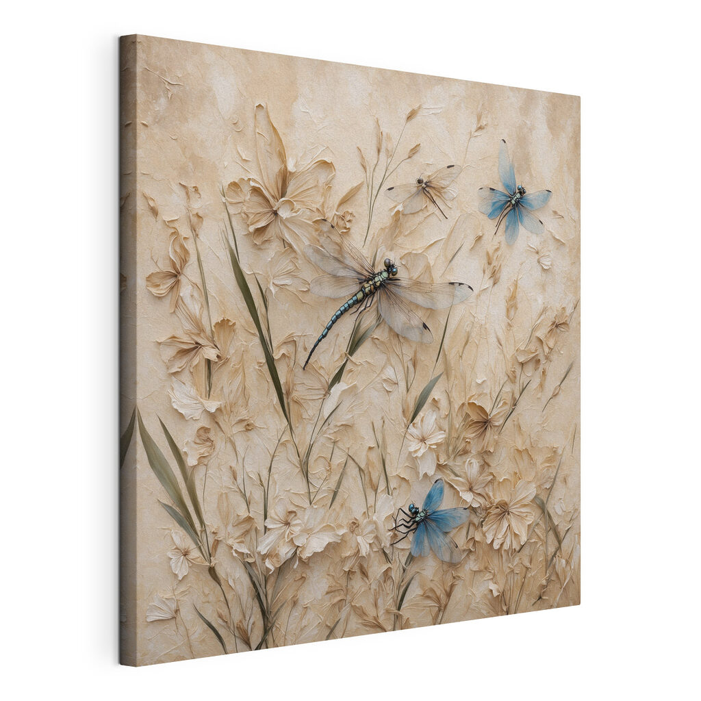 Dragonflies and flowers on a wall