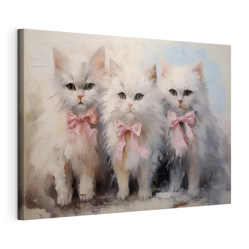 Group of white cats with pink bows