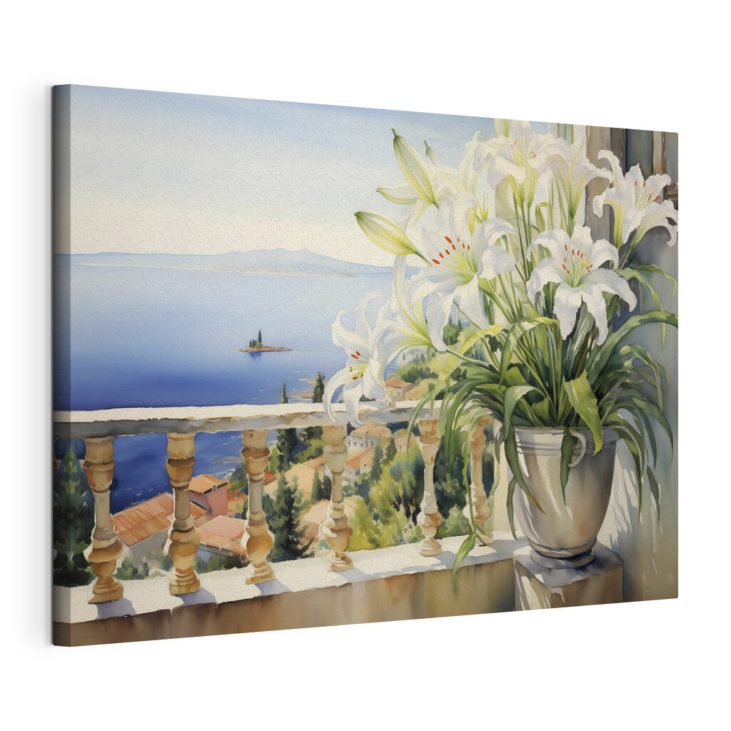 Painting of a balcony with a view of a city and a sea