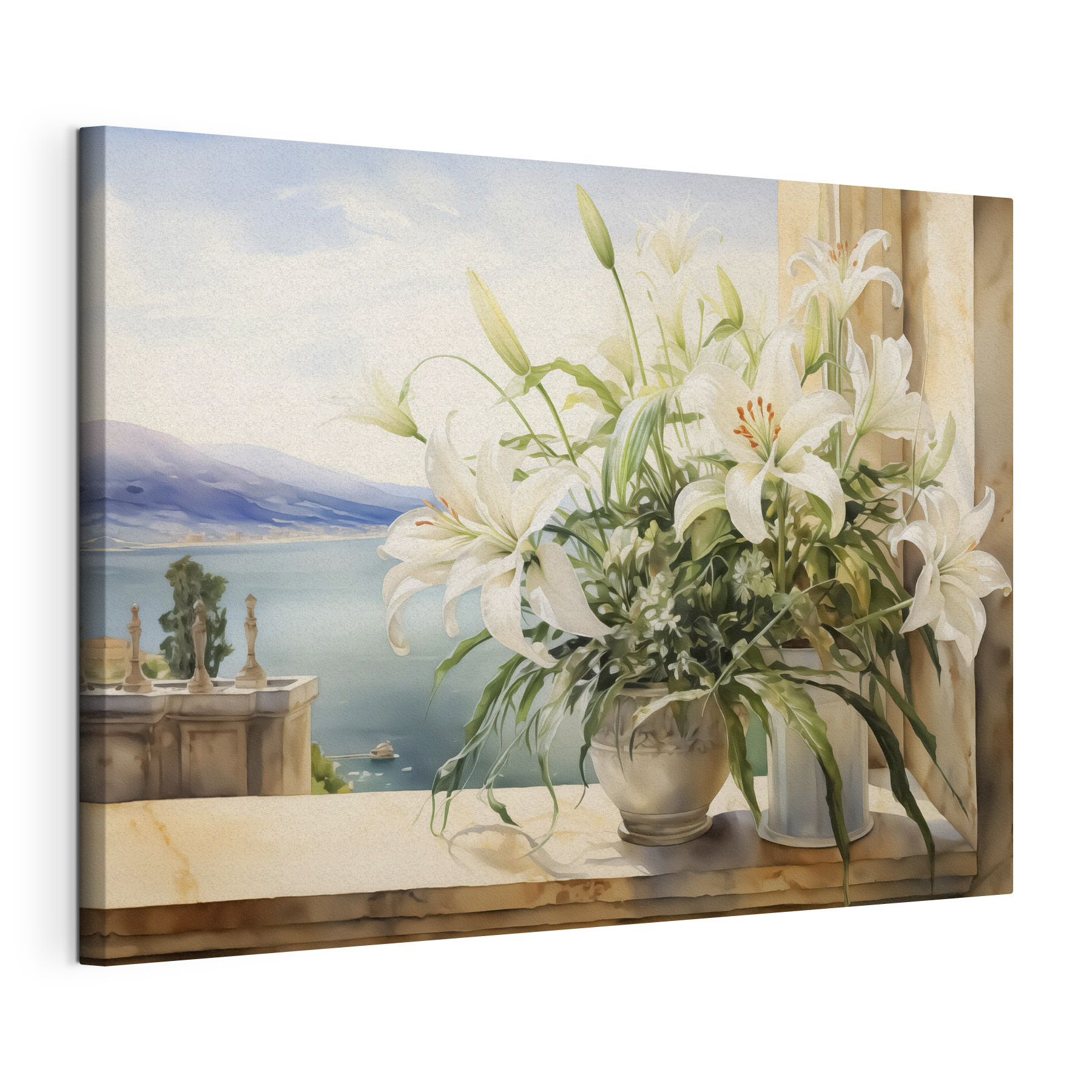 Painting of a white flower pot with white flowers Painting of a white flower pot with white flowers