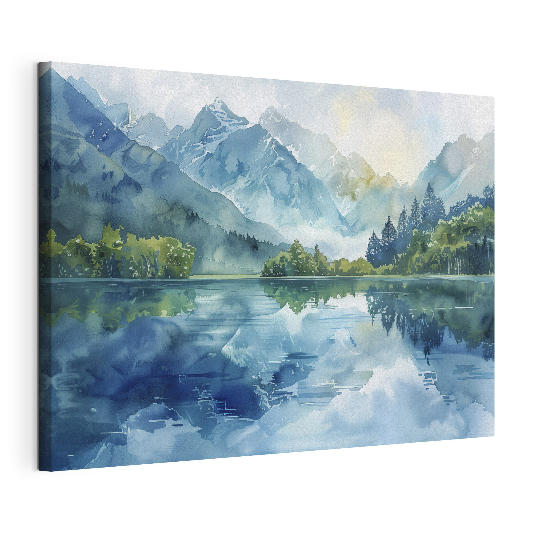 Water painting of a lake with trees and mountains in the background Water painting of a lake with trees and mountains in the background
