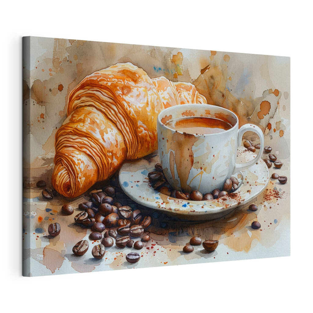 Watercolor of a cup of coffee and a croissant