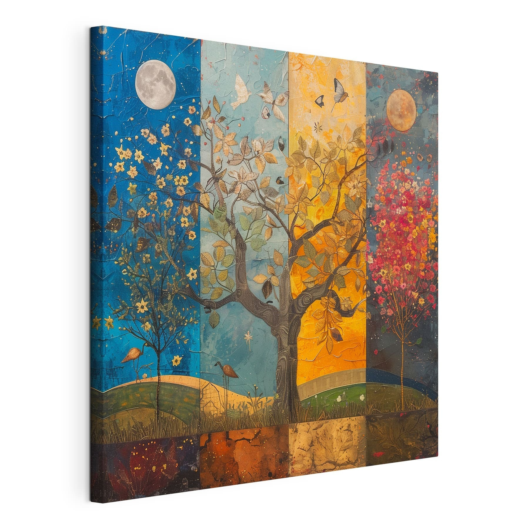 Painting of a tree with different colors of trees and birds