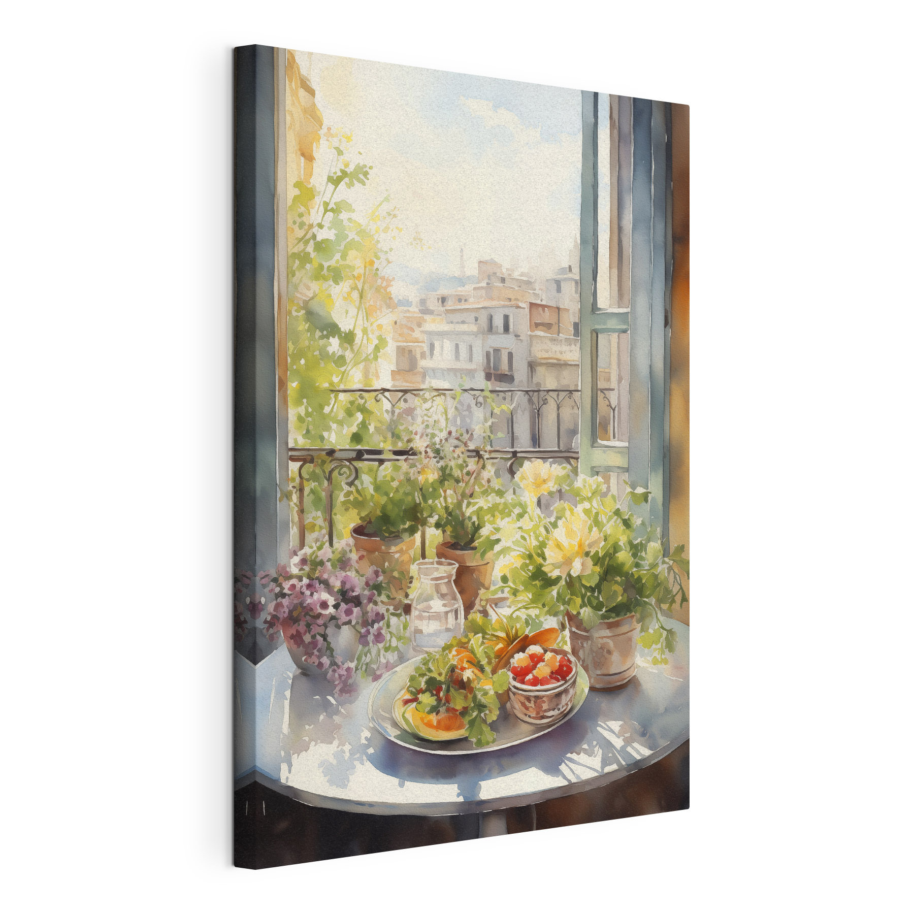 Watercolor painting of flowers and fruits on a table in front of a window Watercolor painting of flowers and fruits on a table in front of a window