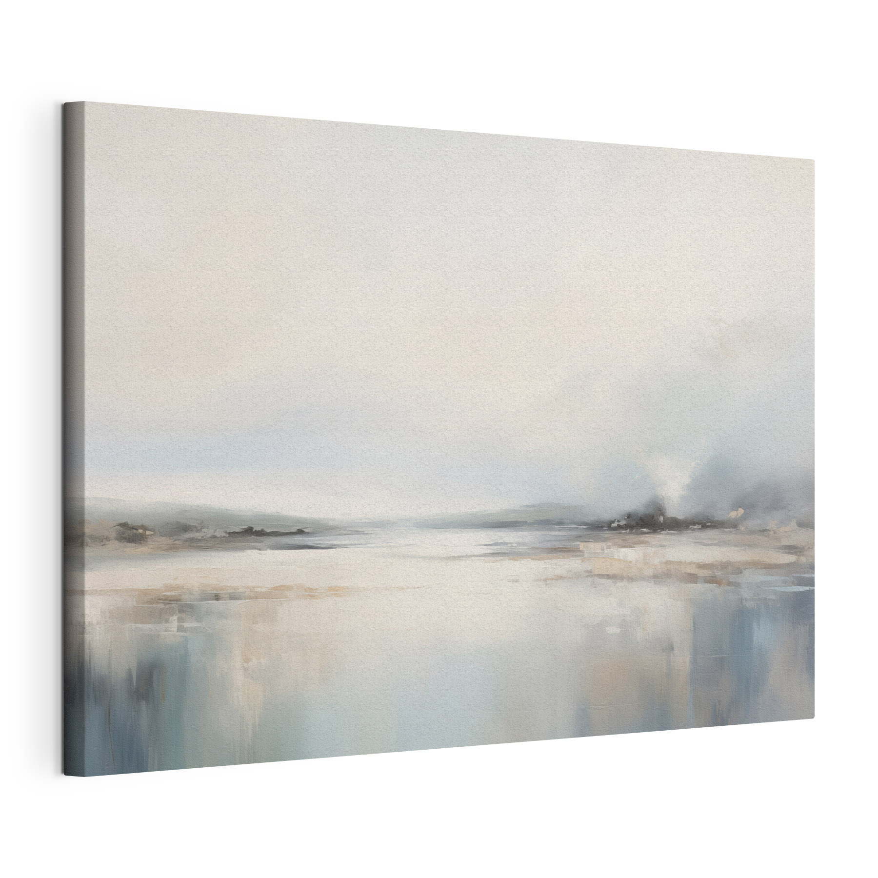 Painting of a landscape with a body of water and fog Painting of a landscape with a body of water and fog