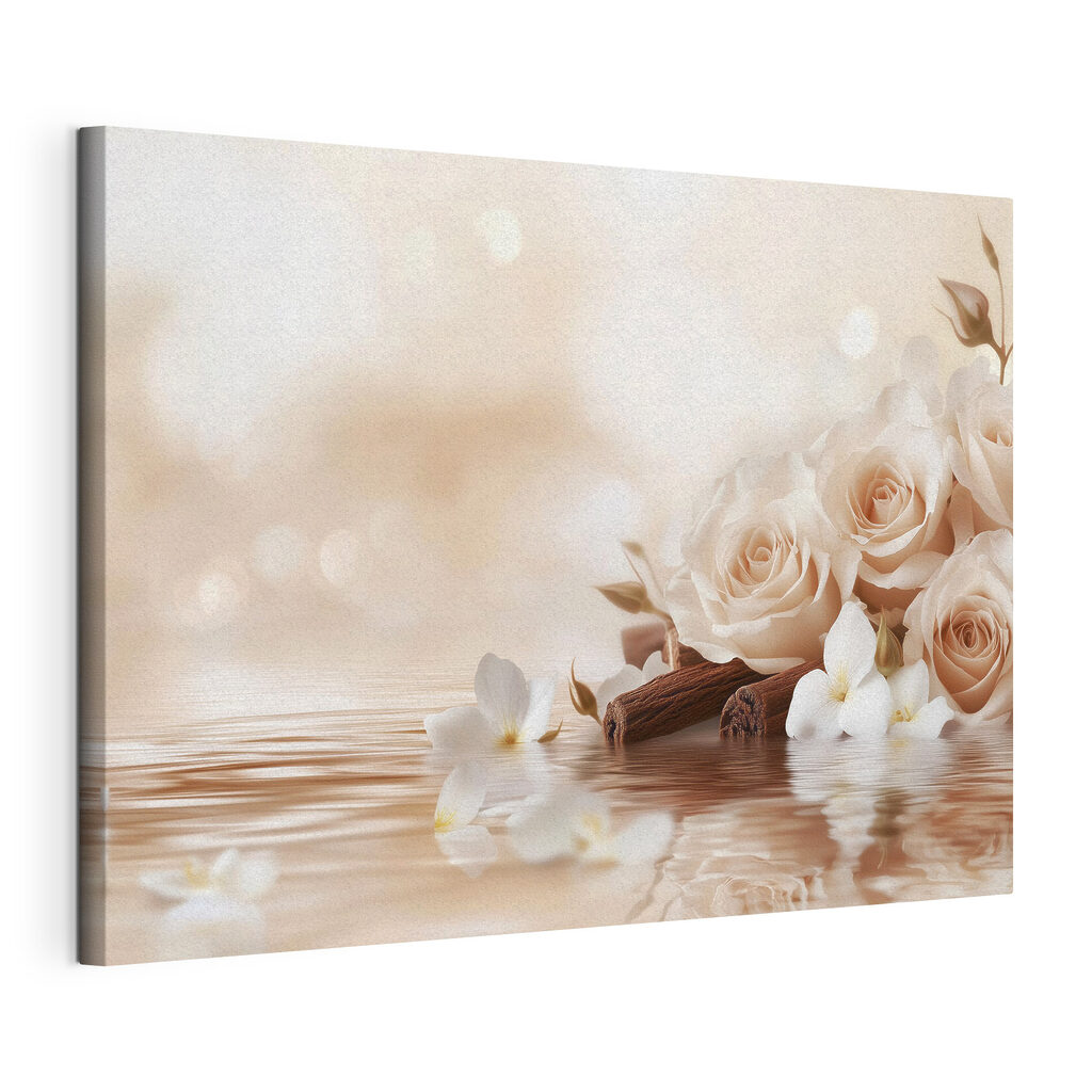 Group of white roses and cinnamon sticks in water Group of white roses and cinnamon sticks in water