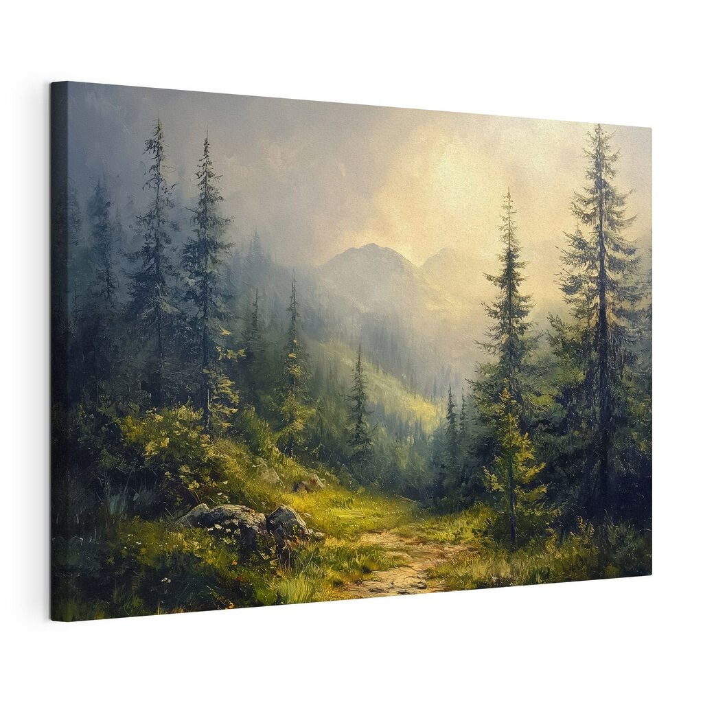 Painting of a forest with mountains and trees Painting of a forest with mountains and trees