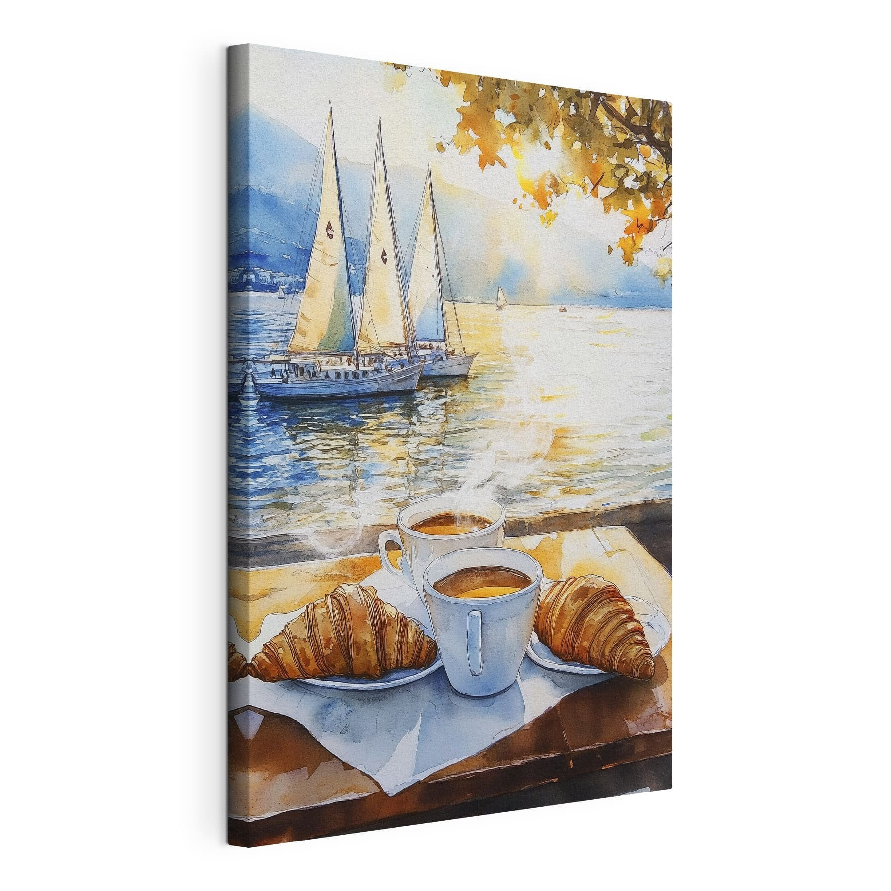 Watercolor painting of a table with coffee and croissants