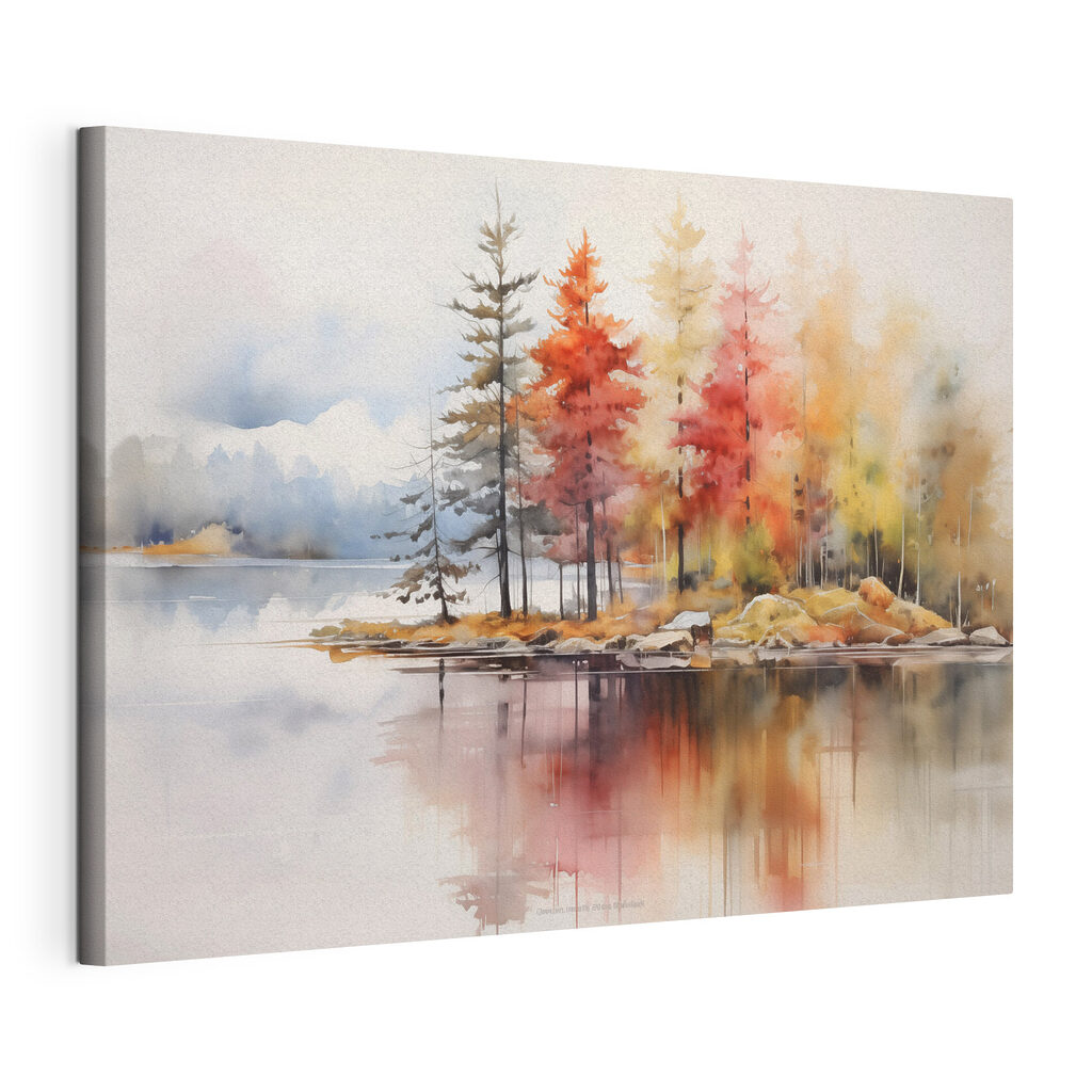 Watercolor painting of trees and rocks on a lake Watercolor painting of trees and rocks on a lake