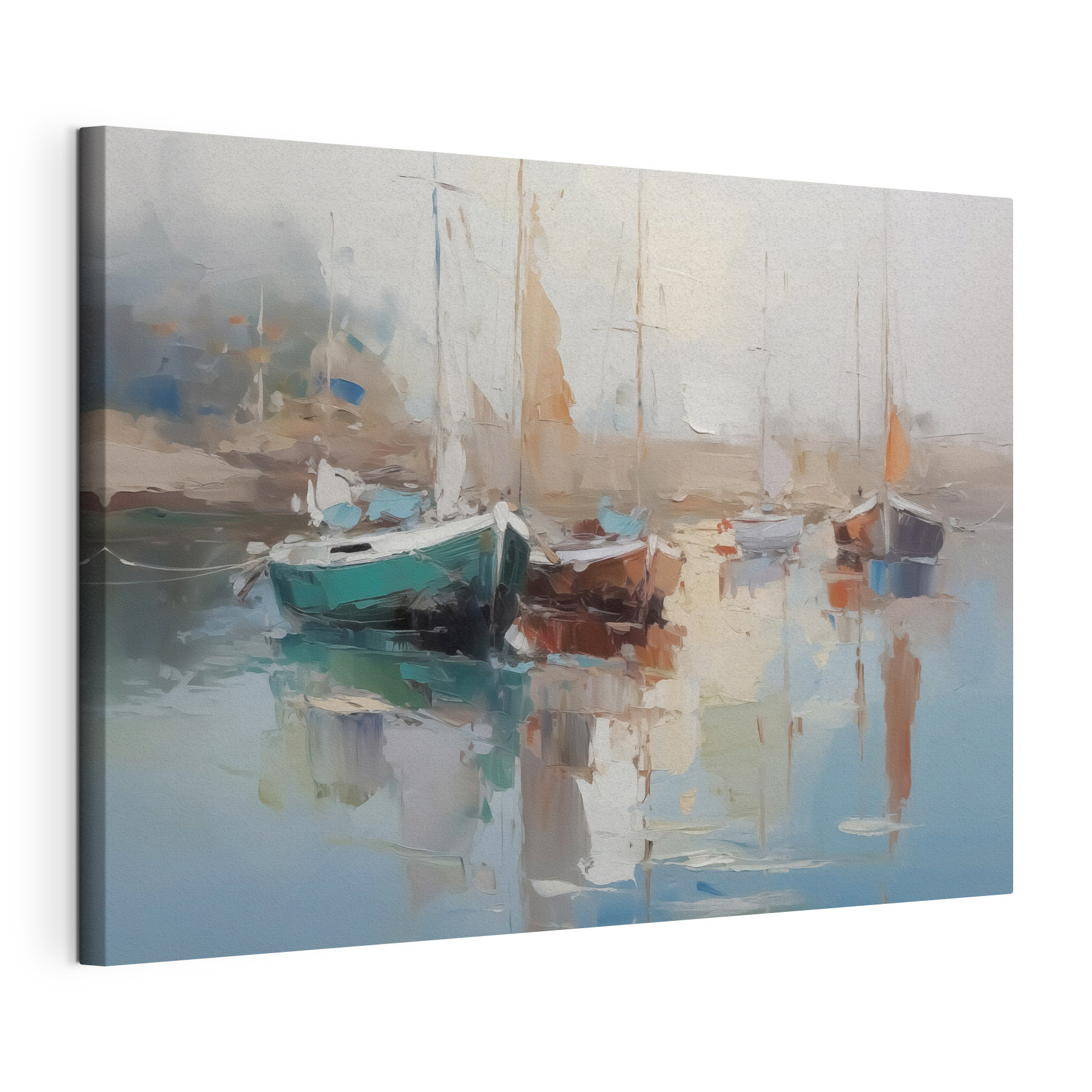 Painting of boats in a harbor