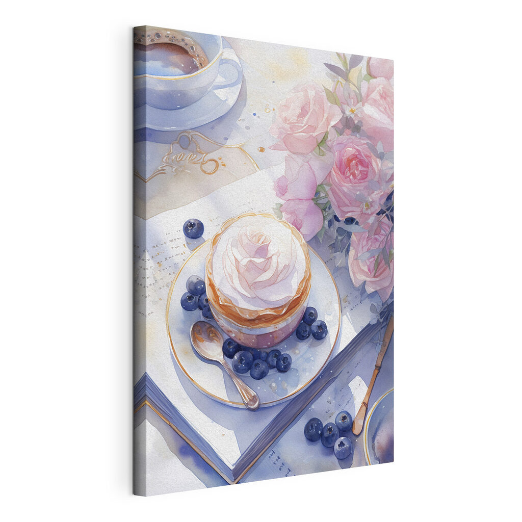 Watercolor painting of a dessert with a rose on top of a plate with blueberries and a spoon