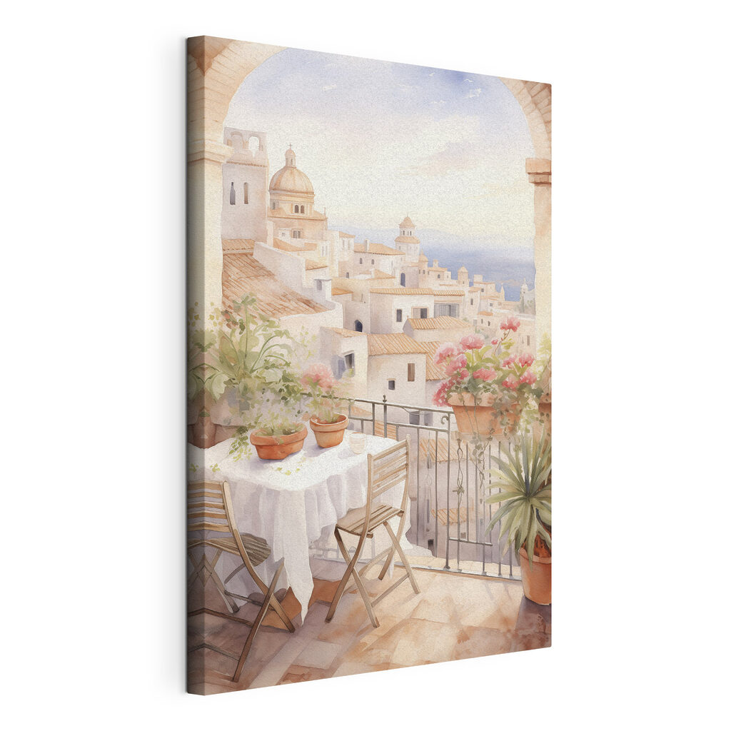 Watercolor painting of a table and chairs on a balcony overlooking a city Watercolor painting of a table and chairs on a balcony overlooking a city