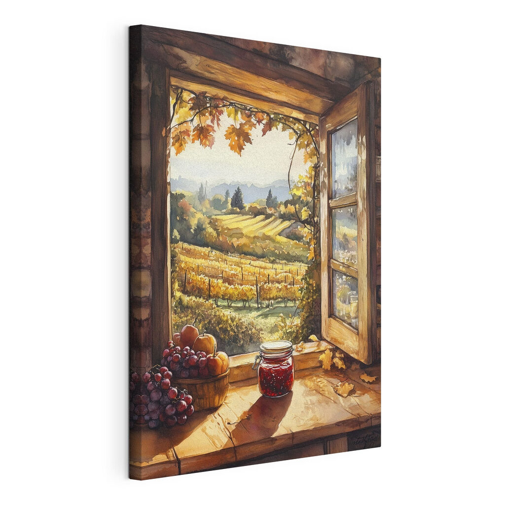 Window with a view of a vineyard and a jar of jam Window with a view of a vineyard and a jar of jam