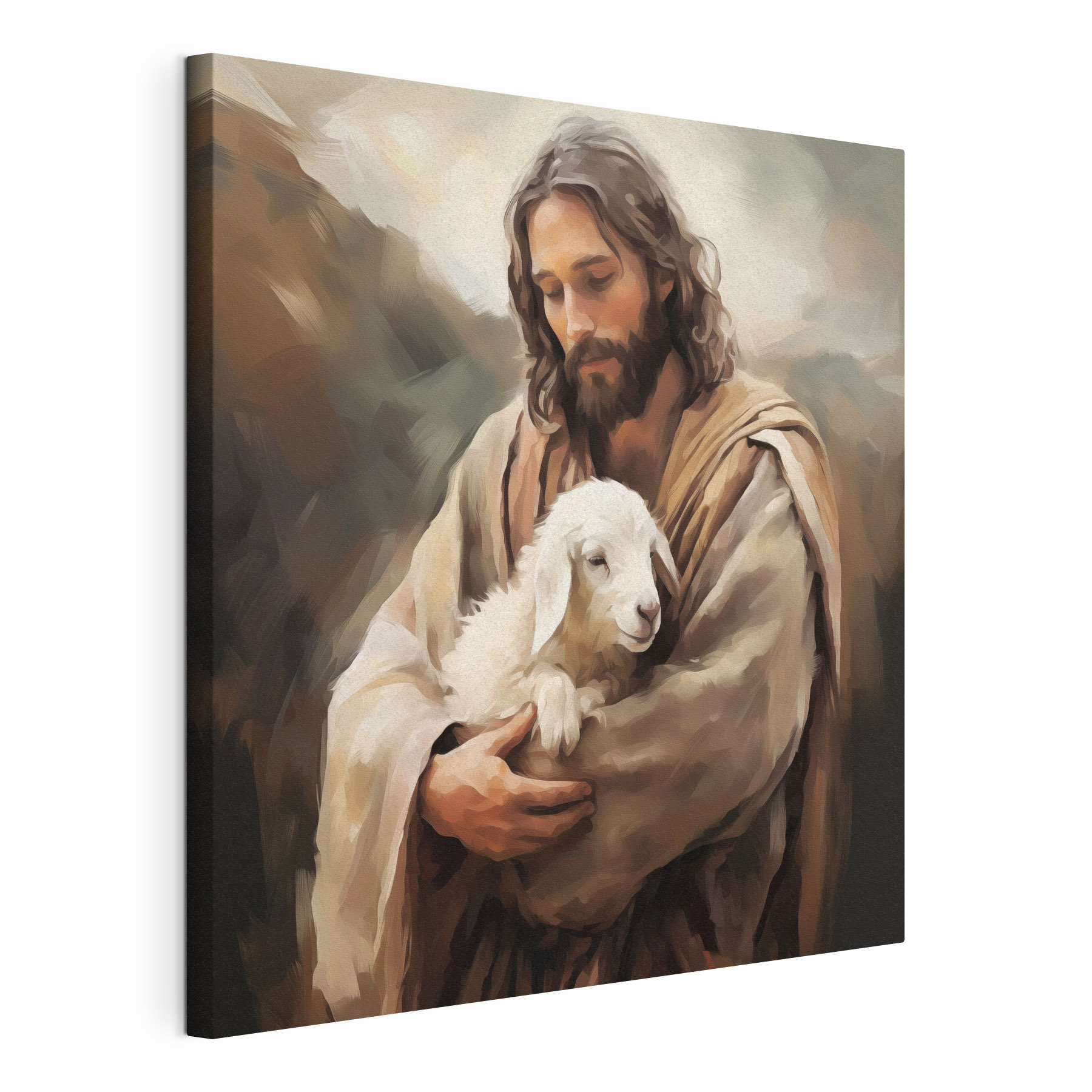 Painting of a man holding a lamb Painting of a man holding a lamb