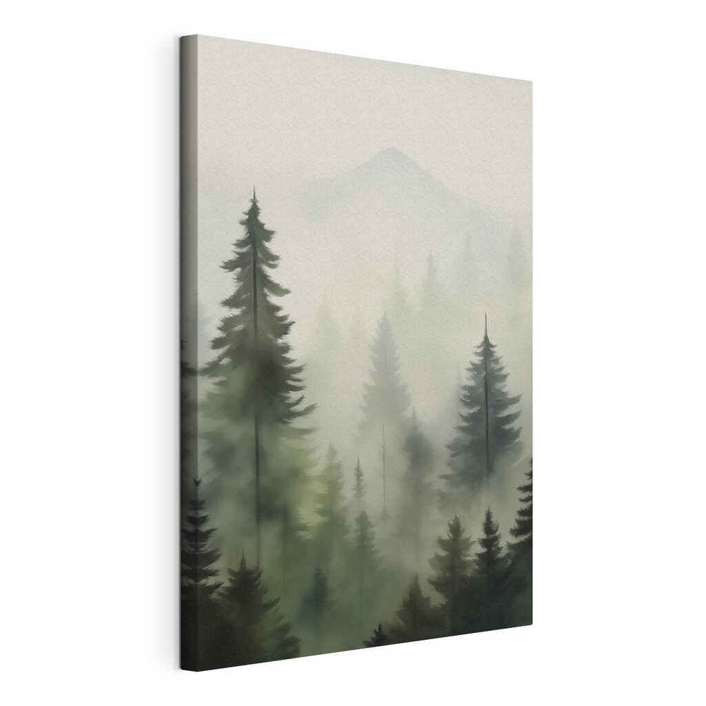 Foggy forest with trees and a mountain in the background Foggy forest with trees and a mountain in the background