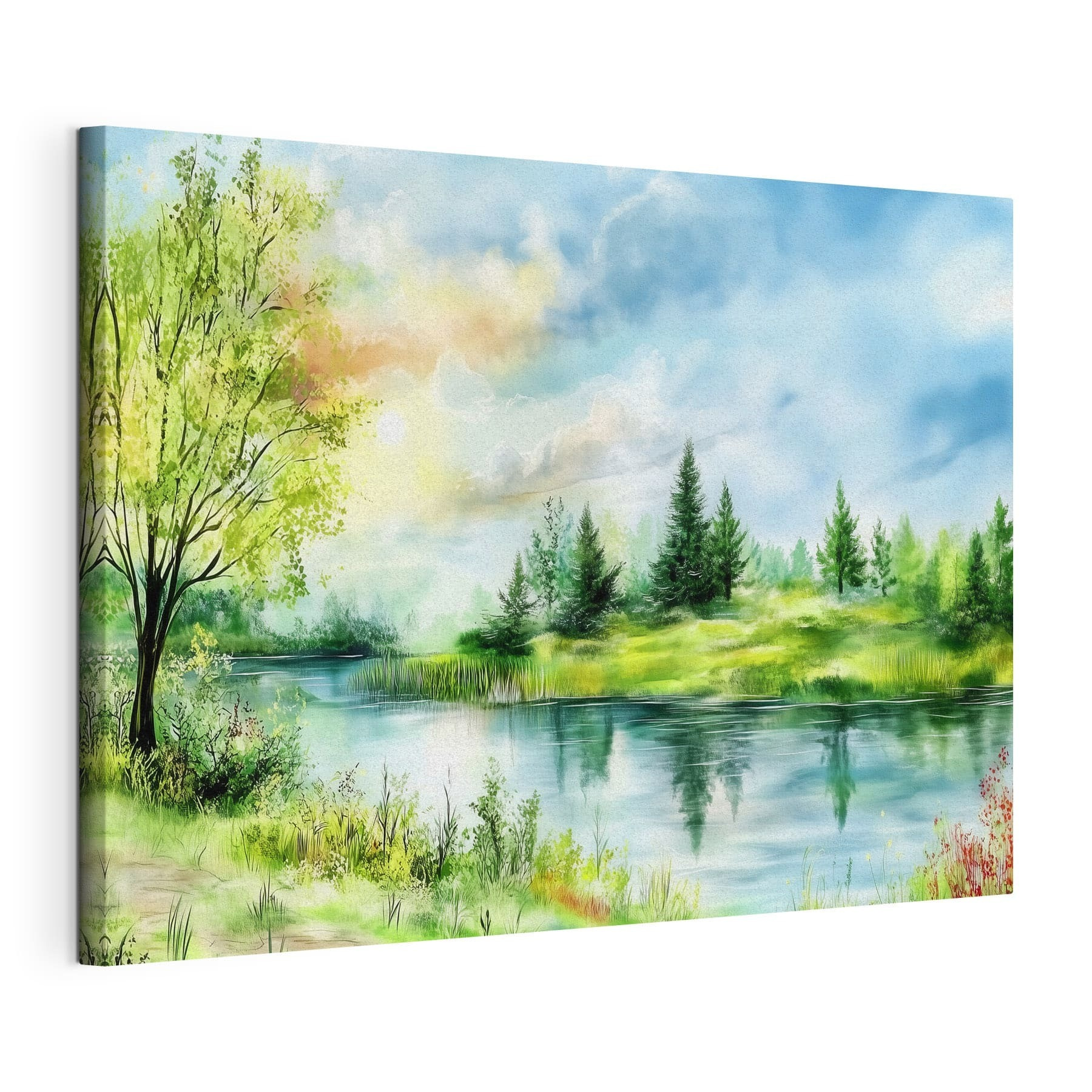 Watercolor painting of a lake with trees and grass Watercolor painting of a lake with trees and grass