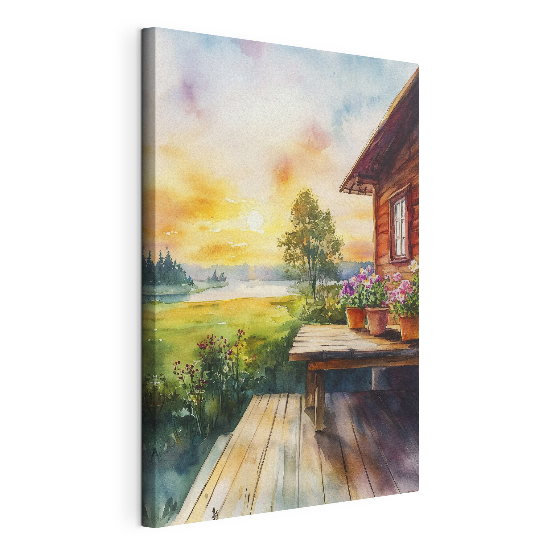Watercolor painting of a house with flowers on a table