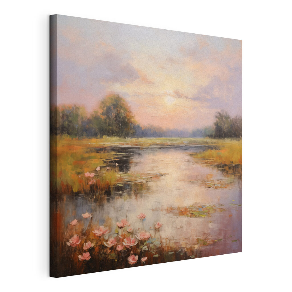 Painting of a lake with flowers Painting of a lake with flowers