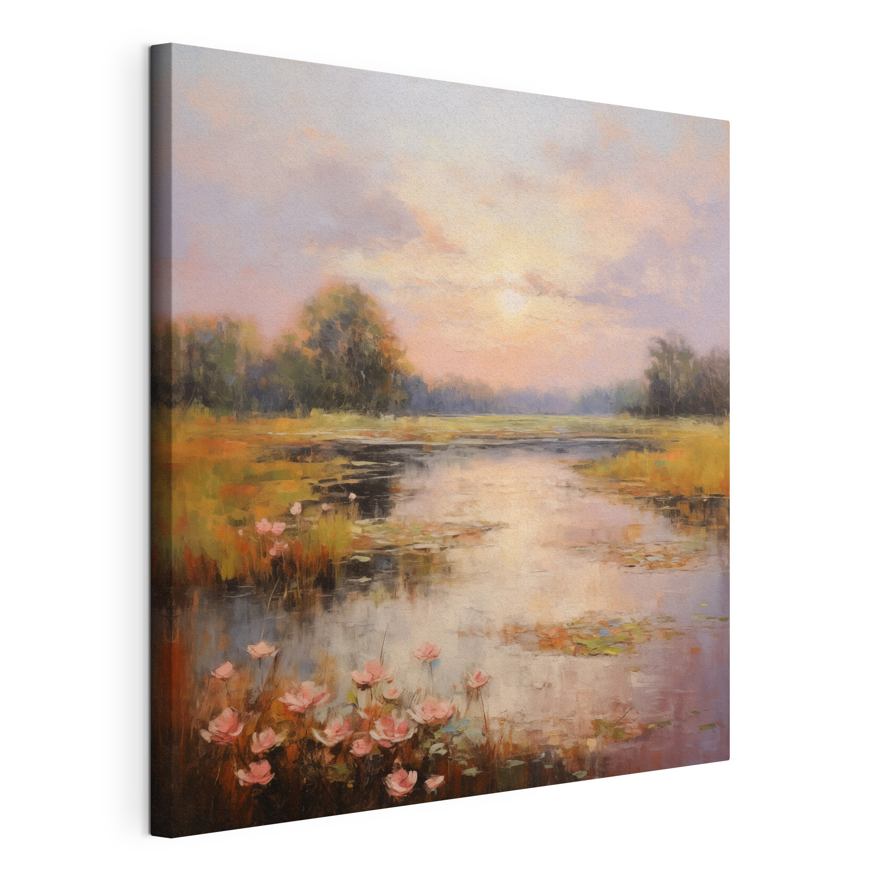 Painting of a lake with flowers Painting of a lake with flowers
