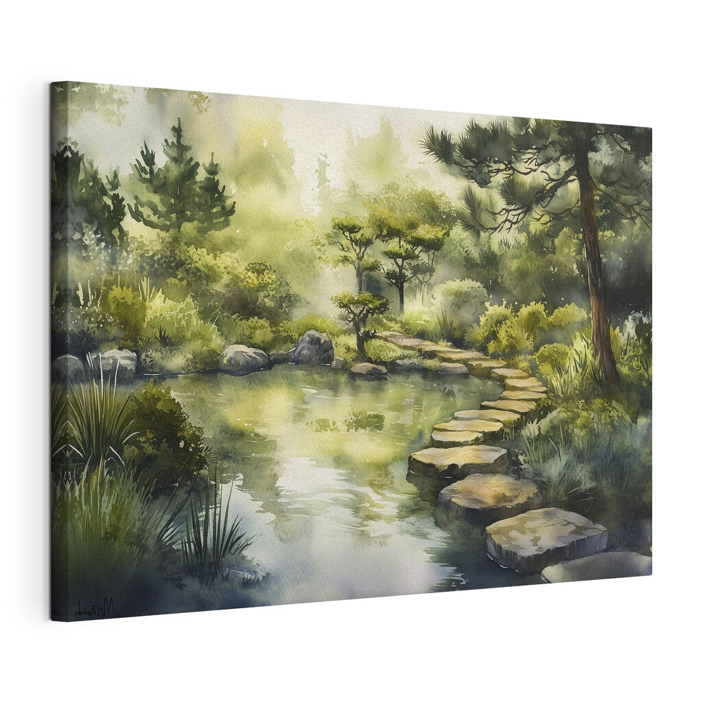 Watercolor painting of a path leading to a pond