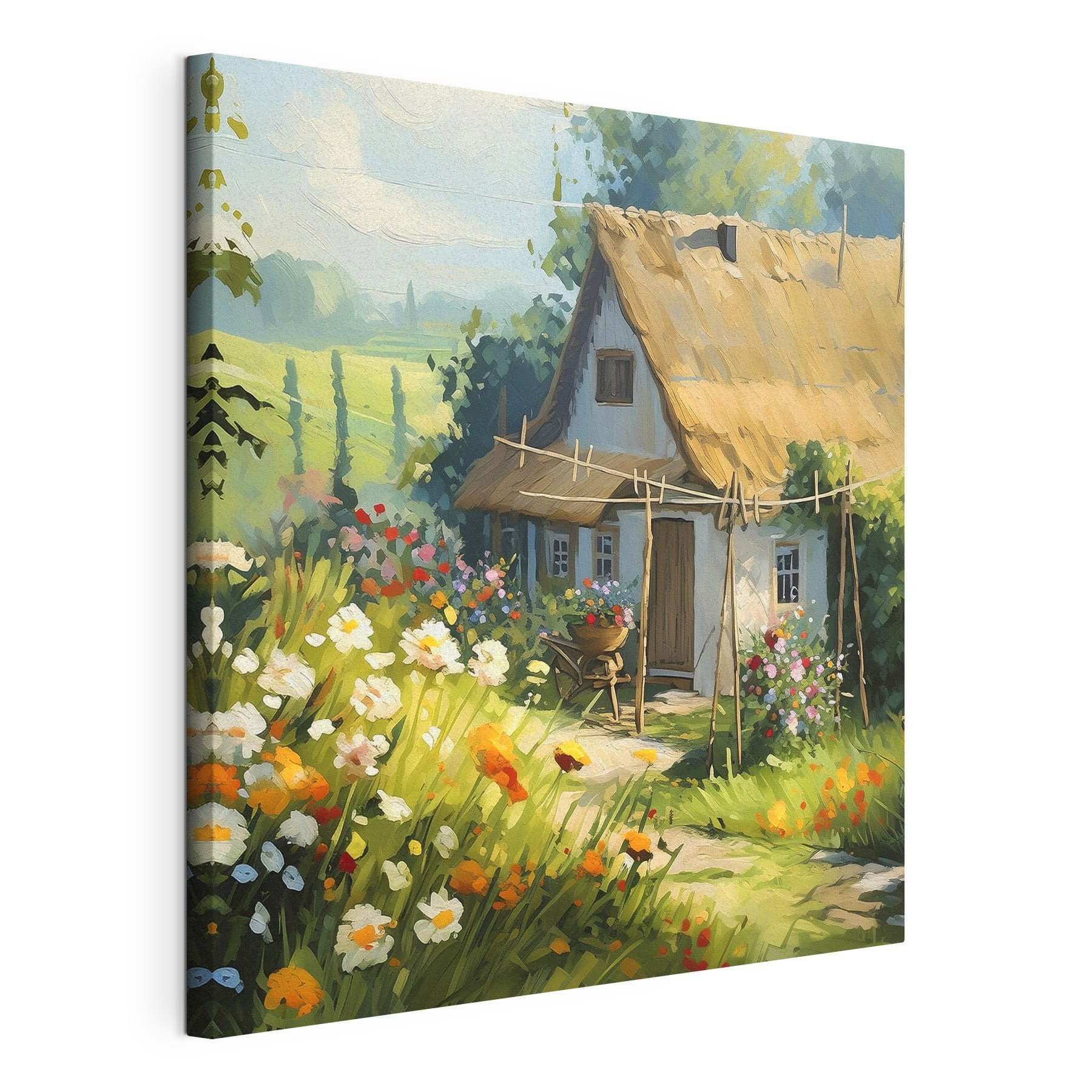 A painting of a house with flowers and plants