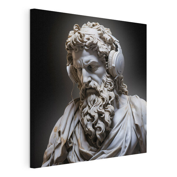 A statue of a bearded man wearing headphones