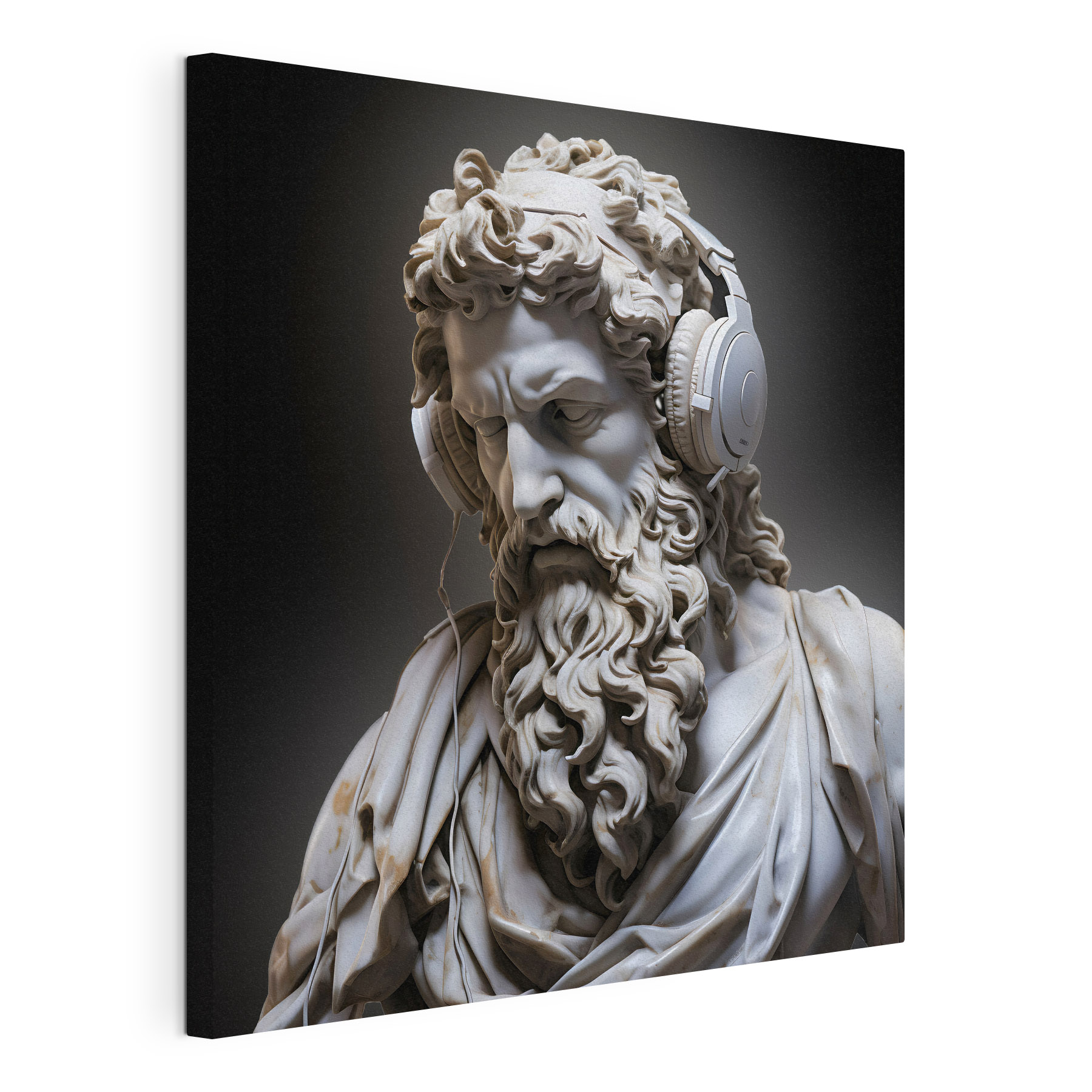 A statue of a bearded man wearing headphones
