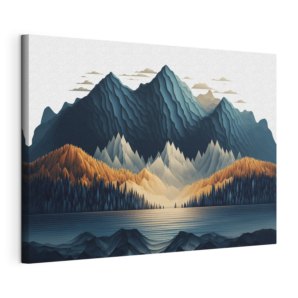 A mountain range with trees and a lake